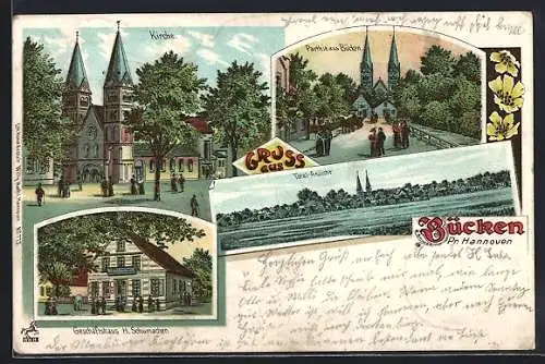 Lithographie Bücken /Hannover, Geschäft von H. Schumacher, Strassenpartie und Totalansicht