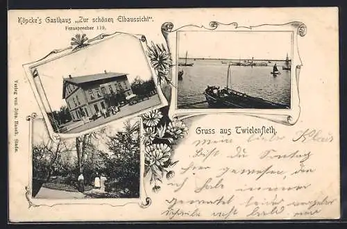 AK Twielenfleth, Köpcke`s Gasthaus Zur schönen Elbaussicht mit Garten