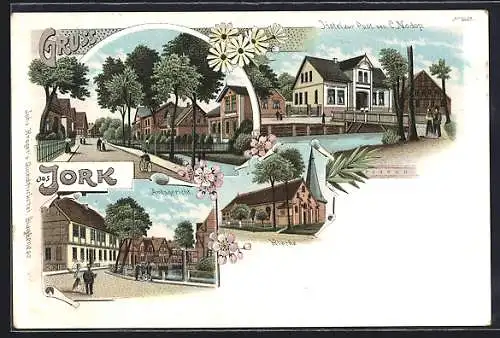 Lithographie Jork, Amtsgericht, Hotel zur Post, Kirche, Strassenpartie