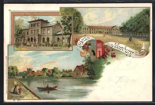 Lithographie Nienburg a. W., Bahnhof mit Uferpartie