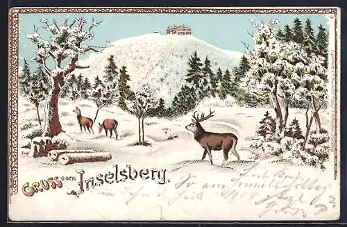 Winter-Lithographie Inselsberg, Rehe vor dem Berg