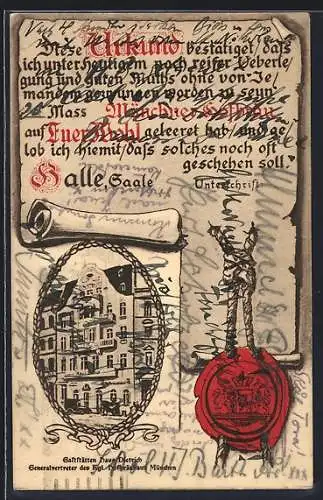 AK Halle /Saale, Gasthof Haus Dietrich, Urkunde über geleerte Mass