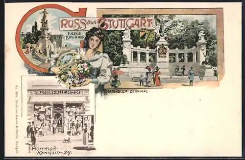 Lithographie Stuttgart, Eugenes Brunnen, Karl Olga Denkmal und Blumenhalle Nizza