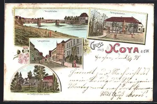 Lithographie Hoya / Weser, Weserbrücke, Kriegerdenkmal, Langestrasse und von Staffhorst`schen Garten