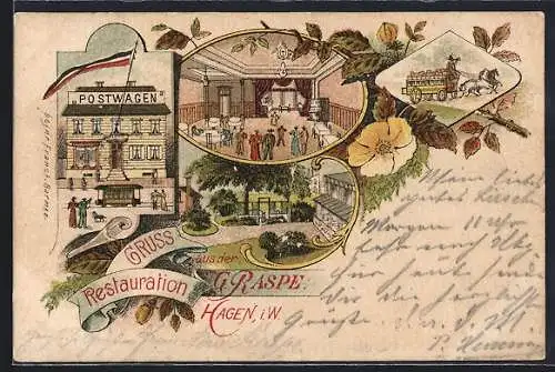 Lithographie Hagen i. W., Restaurant G. Raspe mit Garten und Saal, Haus Postwagen und Postkutsche