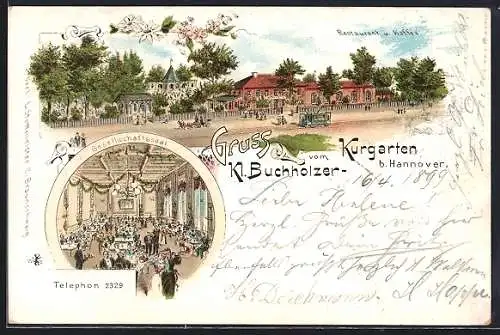 Lithographie Kl. Buchholz /Hannover, Kurgarten, Restaurant und Café, Gesellschaftssaal