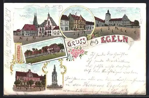 Lithographie Egeln, Rathaus, Krieger-Denkmal, Schule