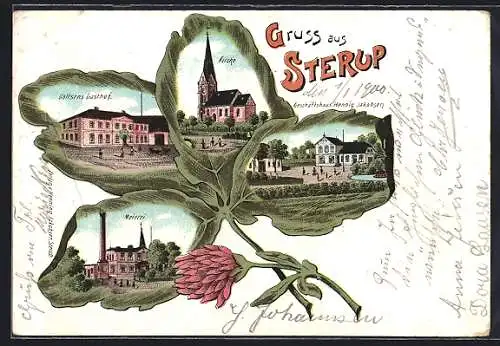Passepartout-Lithographie Sterup, Geschäftshaus Hennig Jakobsen, Gallsens Gasthof, Meierei, Kirche im Kleeblatt