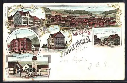 Lithographie Thailfingen / Albstadt, Gasthaus z. Schiff, Rathaus, Schulhaus, Pfarrhaus u. Kirche, Totalansicht