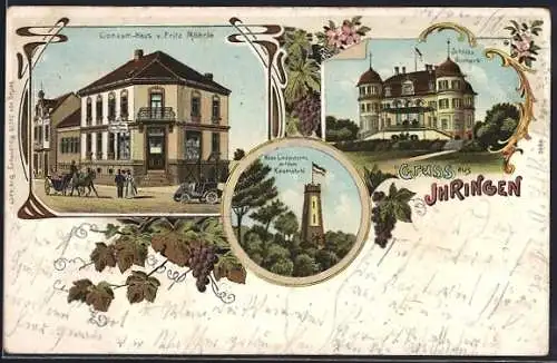 Lithographie Ihringen, Consum-Haus Möhrle, Schloss Bismark, Neun Lindenturm auf dem Kaiserstuhl