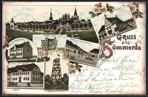 Lithographie Sömmerda, Hotel zum Schwan, Präperandenanstalt, Kaiserl. Postamt, Aussichtsturm, Rathaus u.a.