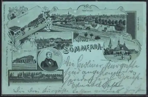 Mondschein-Lithographie Sömmerda, Marktstrasse, Bahnhof, N.V. Dreyse, Erfinder des Zündnadelgewehrs u.a.