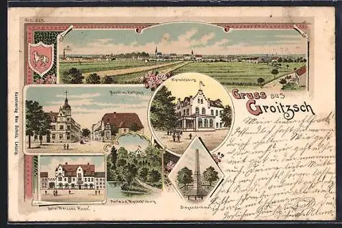 Lithographie Groitzsch / Sa., Hotel Weisses Ross, Markt u. Rathaus, Wiprechtsburg und Siegesdenkmal