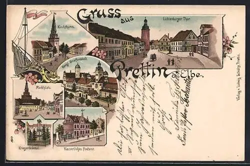Lithographie Prettin, Lichtenburger Tor, der Kirchturm, die königliche Strafanstalt, der Marktplatz
