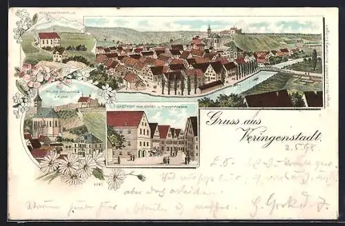 Lithographie Veringenstadt, Gasthof Zum Engel und Hauptstrasse, Wallfahrtskapelle, Kirche, Schulhaus und Ruine