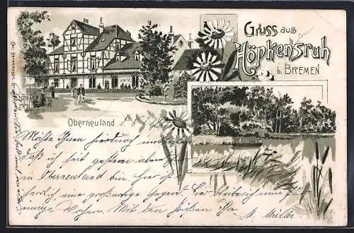 Lithographie Bremen-Oberneuland, Gasthaus Höpkensruh, Teich mit Boot