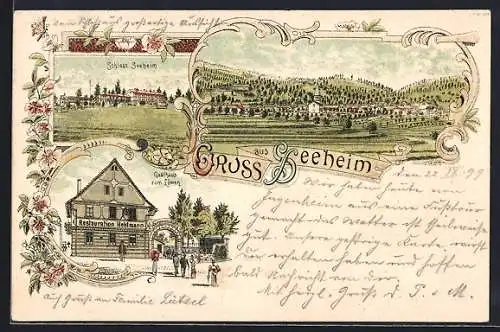 Lithographie Seeheim, Gasthaus zum Löwen mit Restaurant Heldmann, Schloss Seeheim und Totalansicht