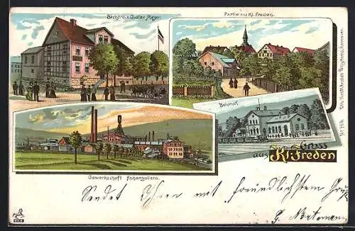Lithographie Kl. Freden, Bäckerei v. Gustav Meyer, Bahnhof und Ortspartie