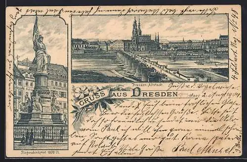 Lithographie Dresden, Altstadt mit Flusspartie, Siegesdenkmal