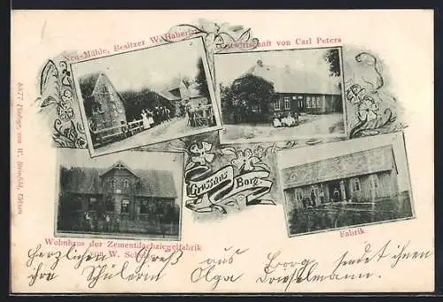 Passepartout-AK Borg / Rosche, Neu-Mühle, Gasthaus Peters, Fabrik, Wohnhaus der Zementdachziegelfabrik Schulze