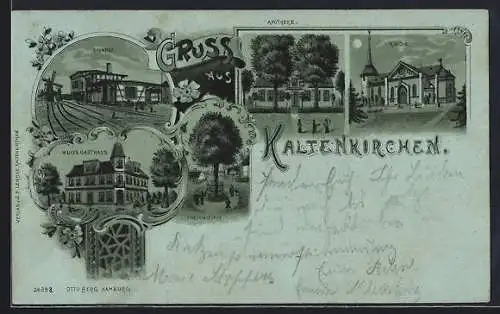 Mondschein-Lithographie Kaltenkirchen, Wulf`s Gasthaus, Friedenseiche, Bahnhof und Apotheke