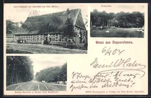 AK Depenrehmen, Gastwirtschaft zur Harselah von Joh. Ehlers, Gehölz Harselah und Strasse nach Buxtehude