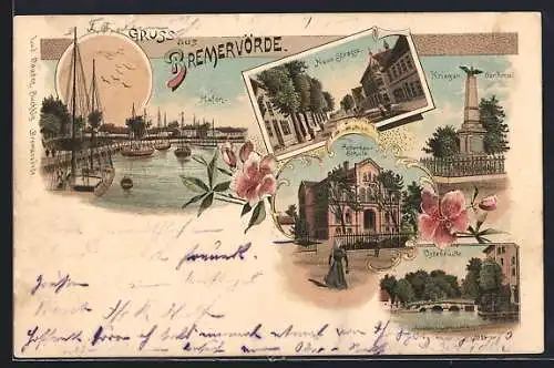 Lithographie Bremervörde, Ackerbau-Schule, Krieger-Denkmal, Neue Strasse