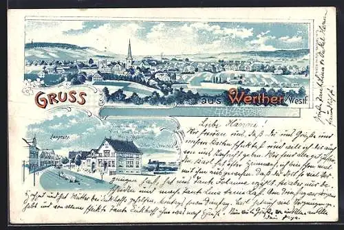 Winter-Lithographie Werther /Westf., Gesamtansicht aus der Vogelschau, Langestrasse mit Colonialwaren v. Otto Schwarz
