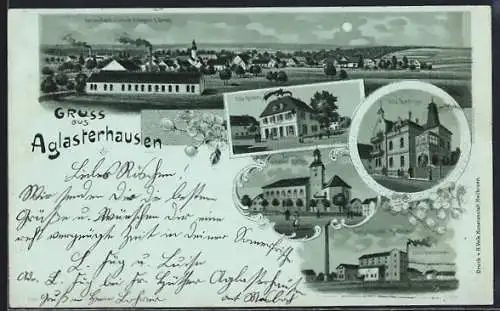 Mondschein-Lithographie Aglasterhausen, Gasthof Otto Grimm, Peitschenfabrik v. Seherer, Hillengass und Klempp u.a.