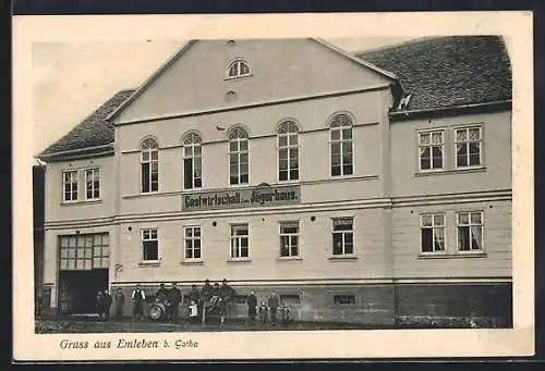 AK Emleben b. Gotha, Gastwirtschaft zum Jägerhaus mit posierender Gruppe