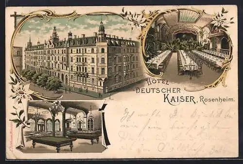 Lithographie Rosenheim / Bayern, Hotel Deutscher Kaiser, Billardzimmer, Saalansicht