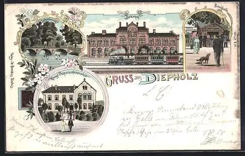 Lithographie Diepholz, Trinkhalle, Königl. Präparandenanstalt, Lohnebrücke und Bahnhof