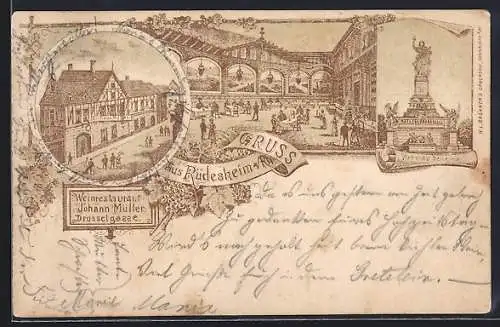 Lithographie Rüdesheim / Rhein, Restaurant Johann Müller, Drosselgasse, National Denkmal