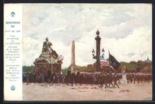 AK US Army, Independence Day July 4th 1918, American Flags saluting the Statue of Strasbourg