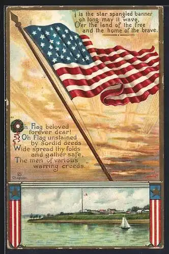 Präge-AK US National Flag and military fort on the shore