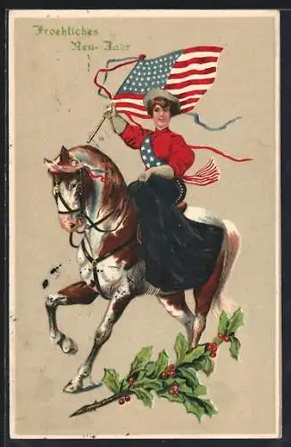 Präge-AK Frau mit Sternenschärpe und US-amerikanischer Flagge zu Pferde