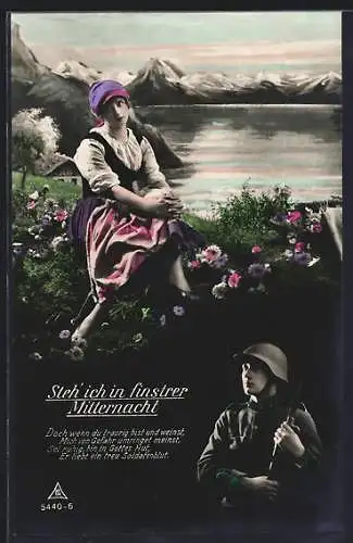 AK Schweizer Soldat in Uniform mit Waffe und Frau auf Blumenwiese