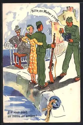 Künstler-AK Schweizer Soldat in Uniform macht ein Foto von einem anderen Soldat und einer Frau