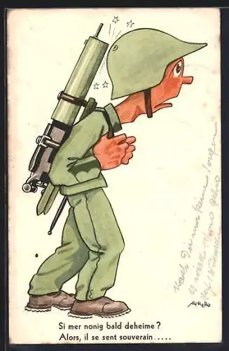 Künstler-AK Schweizer Soldat in Uniform mit schwerer Last