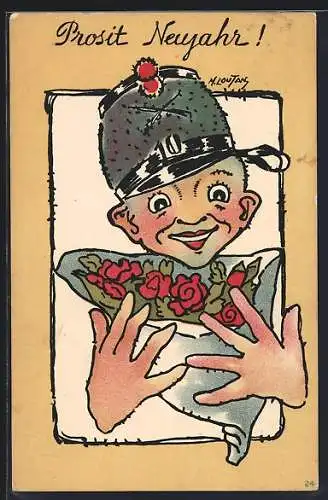 Künstler-AK Schweizer Soldat in Uniform mit Blumenstrauss, Prosit Neujahr