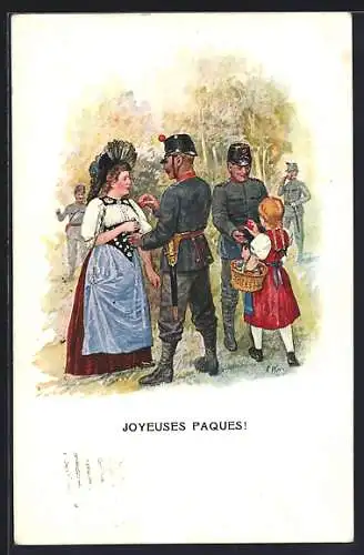 Künstler-AK Joyeuses Paques, schweizer Soldaten erhalten Ostergeschenke