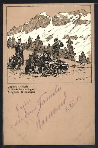 AK schweizer Gebirgs-Artillerie, Soldaten mit Kanone im Gebirge
