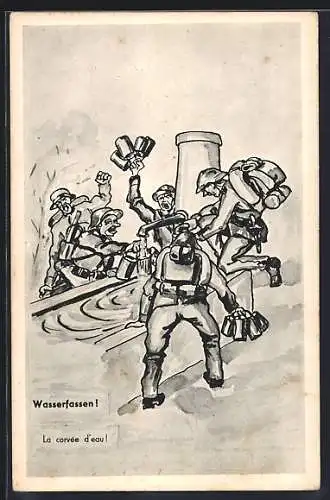 Künstler-AK Schweizer Soldaten in Uniformen an einem Brunnen, Wasserfassen