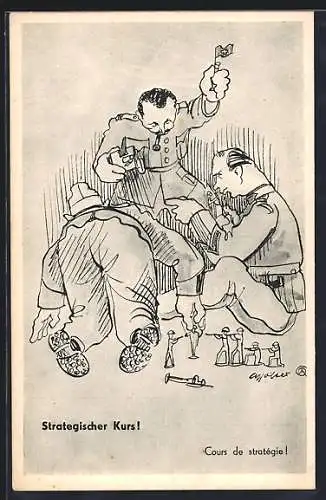 Künstler-AK Drei schweizer Soldaten in Uniformen mit Soldatenfiguren, Strategischer Kurs!