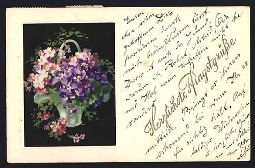 AK Veilchen in einem Korb, Herrlichste Pfingstgrüsse