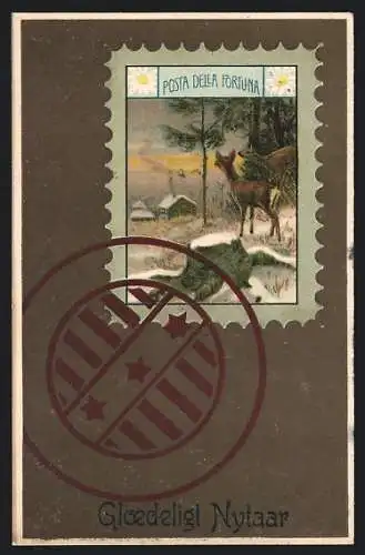 AK Zwei Rehe in einer Schneelandschaft, Glaedeligt Nytaar