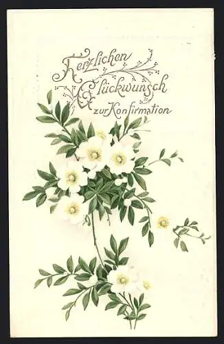 Präge-AK Weisse Blumen, Glückwunsch zur Konfirmation