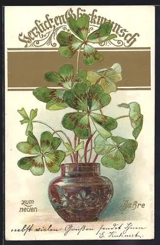 AK Kleeblätter in einem Topf, Neujahrsgrüsse