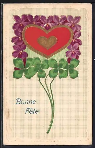 AK Kleeblätter und Herz, Bonne Fête