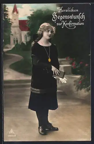 AK Mädchen mit Halskette und Bibel, Herzlichen Segenswunsch zur Konfirmation